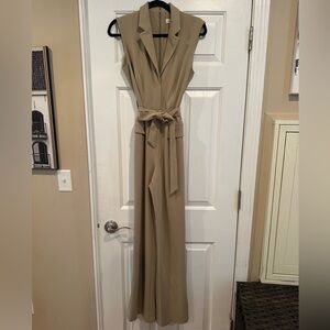 Calvin Klein Sleeveless Tie-Waist Jumpsuit in Tan